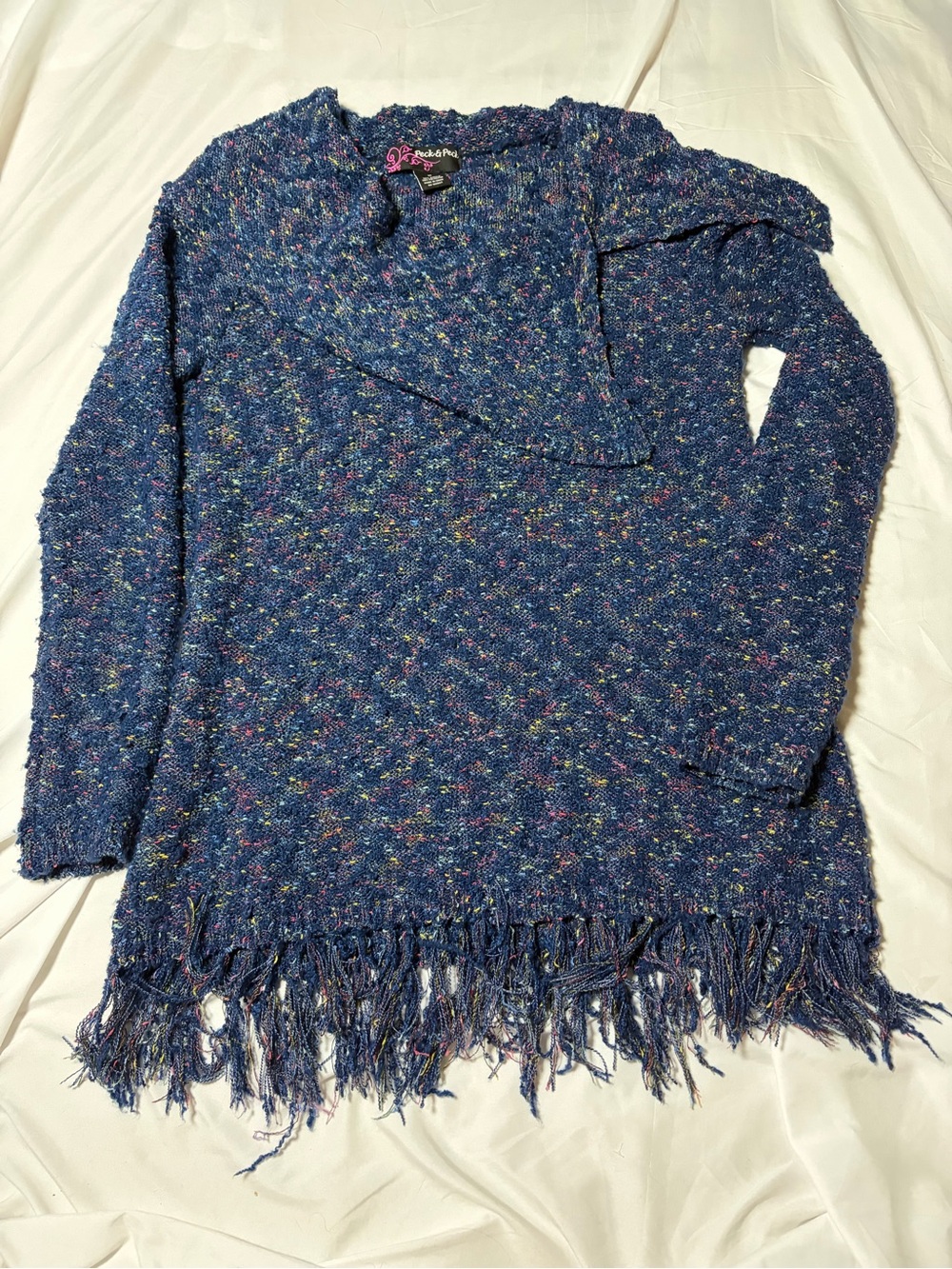 Peck & Peck Womens Medium Sweaters Tweed Blue Boucle Fringe Cowl Long Sleeve